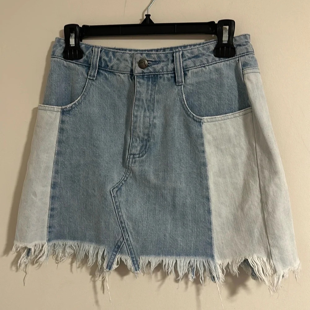 Free People blue wash mini skirt in patch colorblock